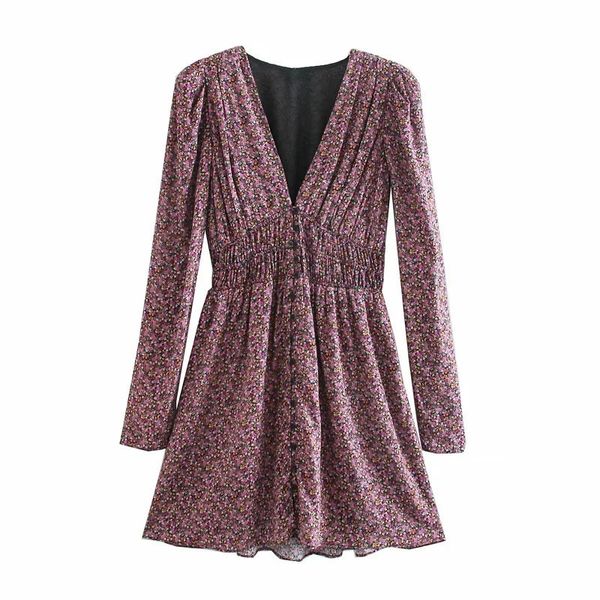 

Floral 2021 New Print Mini Women Winter v Neck Button Vintage Long Sleeve Dress Ladies Elastic Waist Elegant Dresses B7hb BTU7, Black;gray
