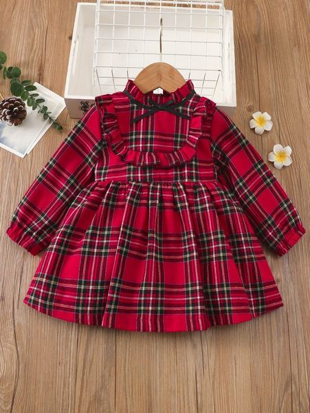 

baby tartan frill trim dress she, Red;yellow