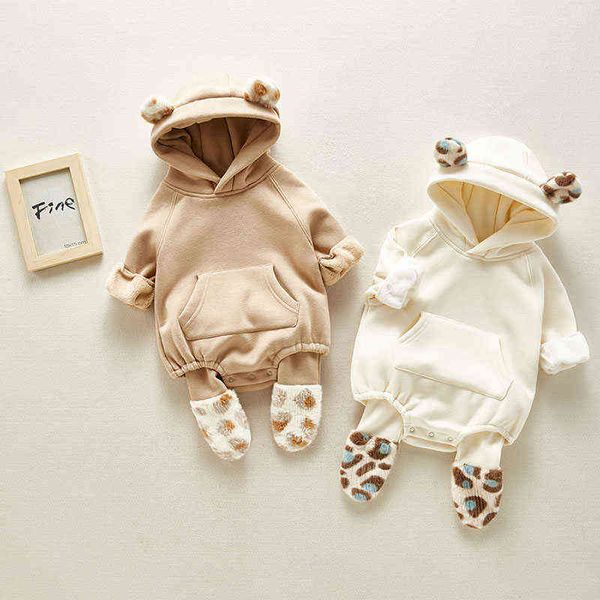 

winter baby girl bodysuits 0-2yrs baby plush ears baby newborn clothes hooded bodysuit climbing clothes plush thickened g1221, Blue
