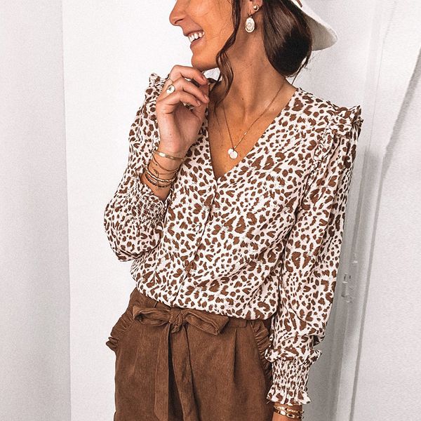 

2021 new spring casual print ruffle blouses women flare sleeve single-breasted blouse female v neck office lady shirt 8o2q, White