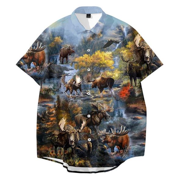 

men's casual shirts lcfa summer men beach shirt print short sleeve lapel neck button leisure hawaiian deer hunting animals streetwear, White;black