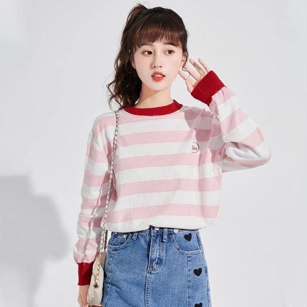 

women's t-shirt 2021 autumn winter base shirt pink striped sweater female students loose pullover college style bottom, White