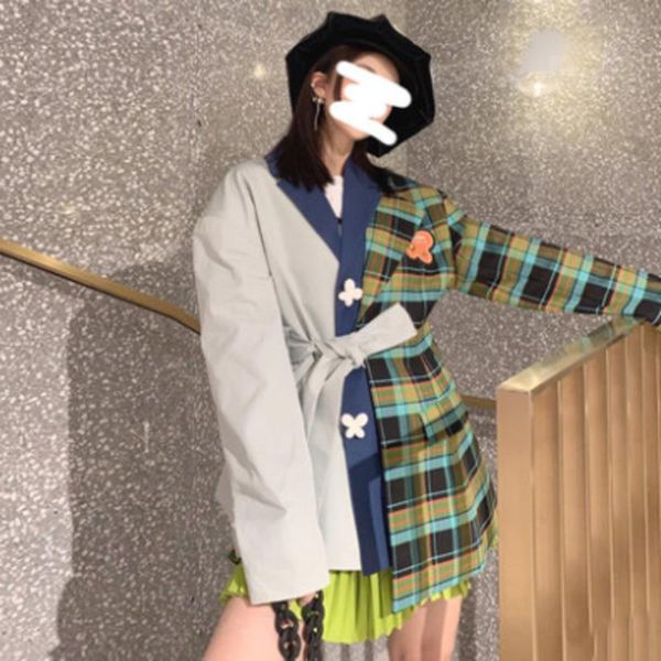 

women's suits & blazers [ewq] 2021 spring female vintage notched collar lace up blazer coat single breasted patchwork panelled plaid su, White;black