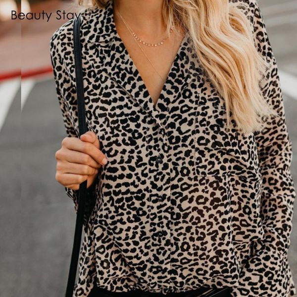 

women's blouses & shirts beauty stay women blouse 2021 acrylic leopard knitted full flare sleeve plus size autumn v-neck, White