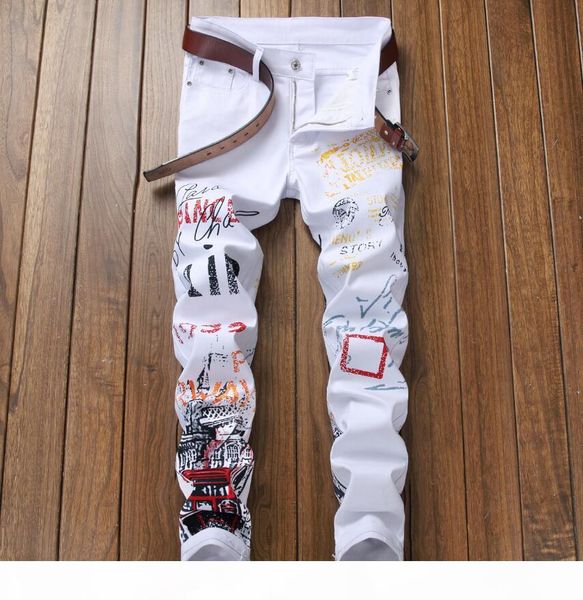 

men's printing luxury white jeans designer men jeans hole famous brand slim fit mens printed jeans biker denim pants 5601, Blue