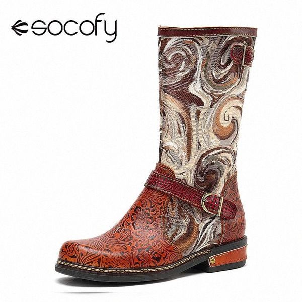 

socofy fantastic pattern embossed genuine leather splicing metal buckle flat mid calf boots elegant shoes women botas mujer 16ha#, Black