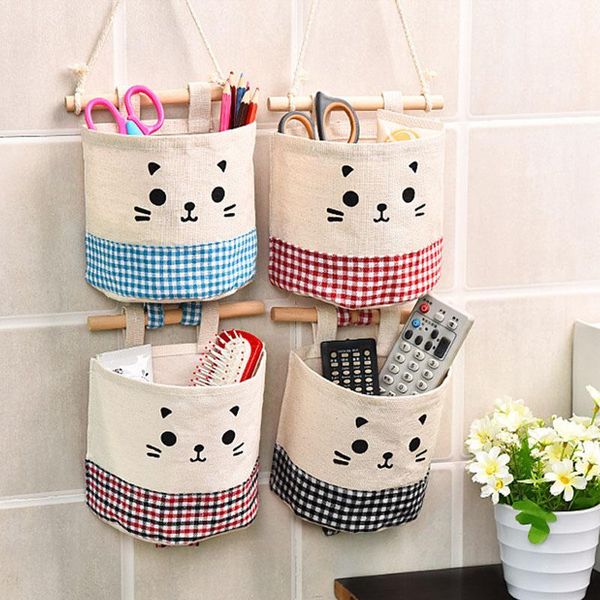 

storage bags wall hanging cartoon cat organizer pocket wardrobe bag for cosmetics containers cotton door closet