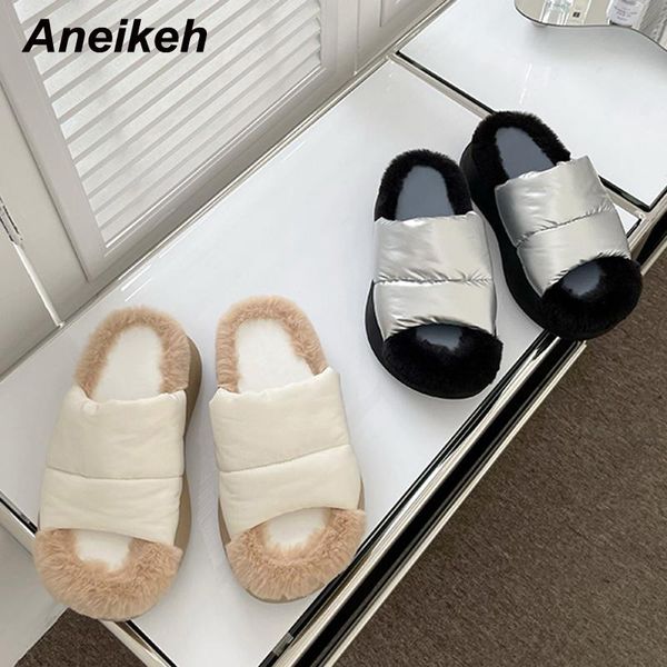 

slippers aneikeh furry fur cotton home 2021 fashion shallow women's autumn shoes flock peep toe casual solid booties size 35-40, Black