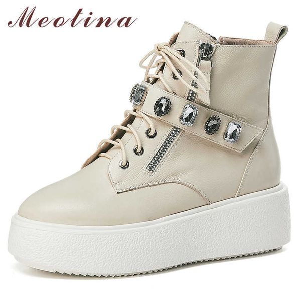 

meotina fall ankle boots women natural genuine leather zip flat platform short boots crystal round toe shoes ladies winter 34-39 210608, Black