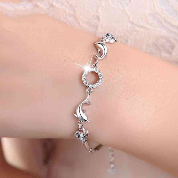 

925 sterling silver cubic zirconia round dolphin charm bracelet & bangle for women adjustable link chain pulseras mujer sl241
