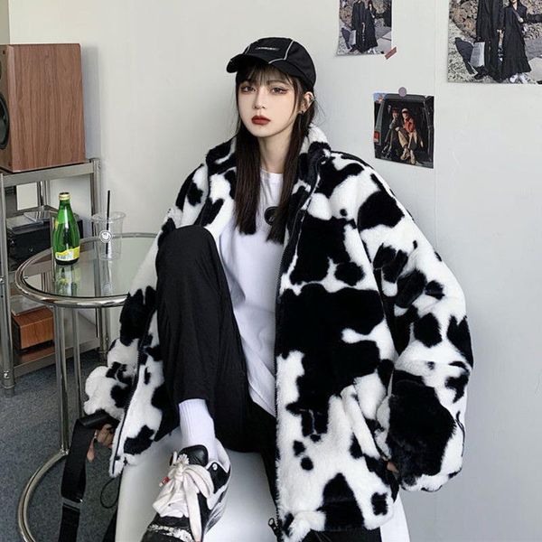 Cappotto da donna in pelliccia sintetica invernale con orsacchiotto peloso da donna Harajuku giacca allentata con stampa di mucca da latte da latte Vintage Hip Hop caldo streetwear fuzzy carino