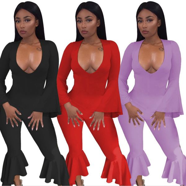 

2021 new solid color irregular flare sleeve bell-bottoms jumpsuit women autumn selling european and american bodysuit h8lp, Gray
