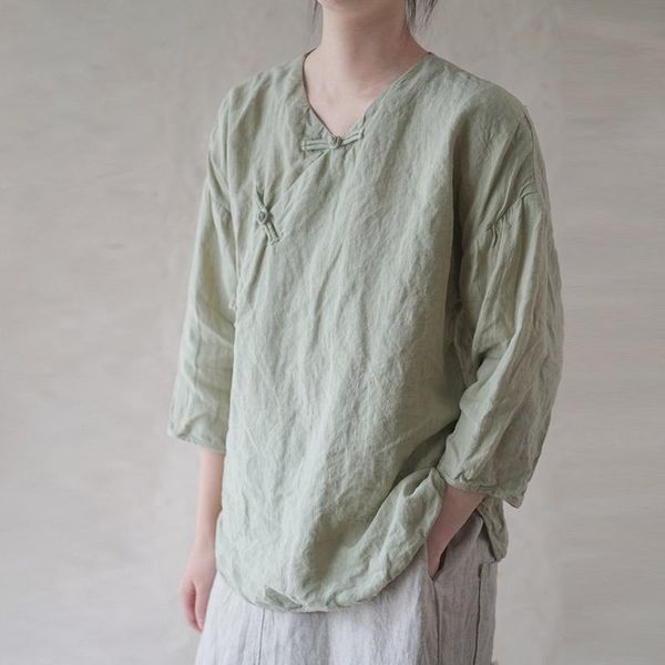 

women's blouses & shirts fairynatural ladies chinese style and v-neck long sleeve women cotton linen vintage 2021 autumn summer, White