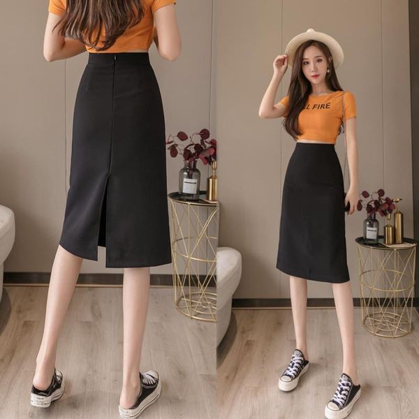 

skirts hong kong style straight tube suit skirt women's 2021 spring high waist back split buttock a-line medium length, Black