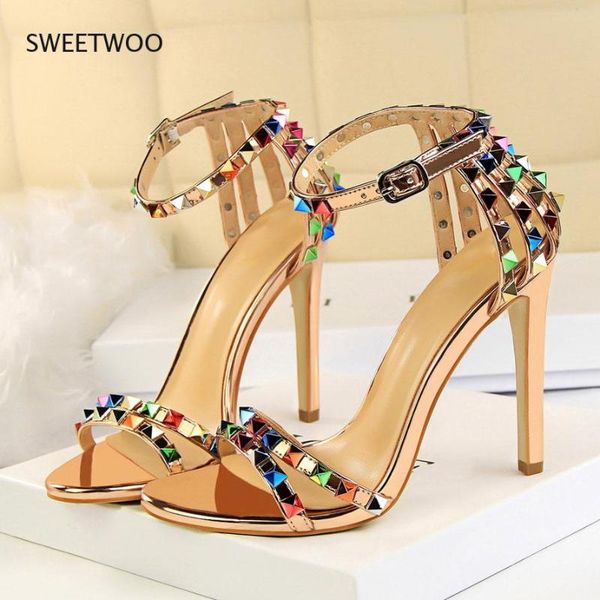 

sandals women rivets pumps high heels studded stiletto lady gladiator stripper summer fetish platform slingback shoes 2021, Black