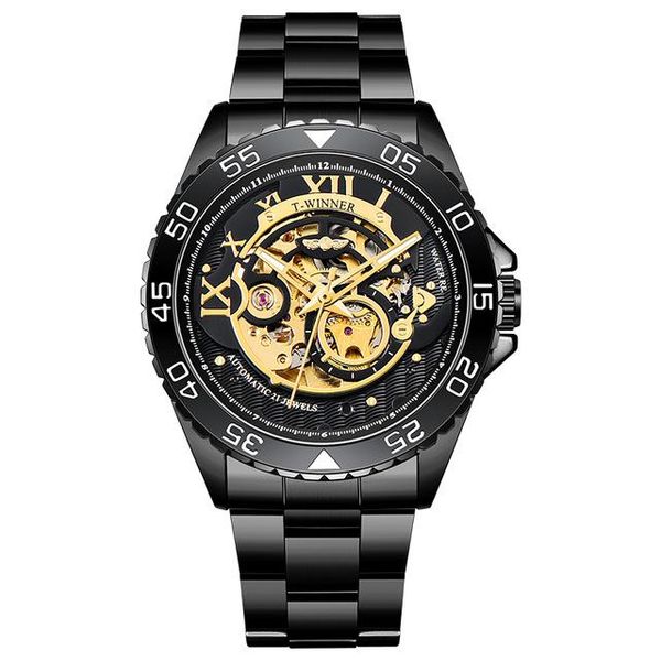 

wristwatches winner mechanical men's watch fashion diamond self-winding steel skeleton casual waterproof sports, Slivery;brown