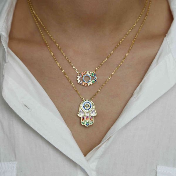 Bourkish Hamsa Hand Evil Eye Quaste Layered Gold Halskette Regenbogen CZ Choker Anhänger Frauen Hals Collier