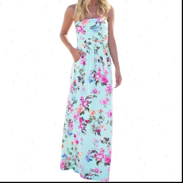 

boho print bohemian floral dress strapless summer women beach maxi long dresses robe femme party mujer sundress gv725, Black;gray