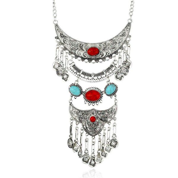 

pendant necklaces flat multi-layer long bib choker bohemian ethnic statement pendants jewelry maxi chunky vintage necklace, Silver