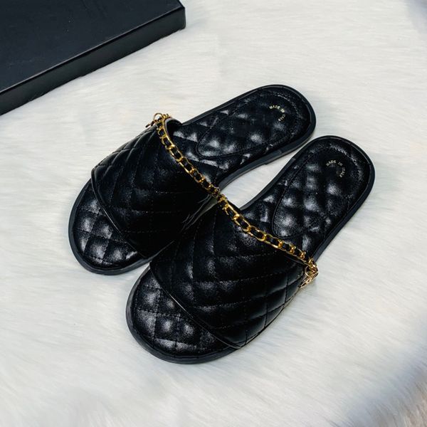 

paris brand c socialite rhombic stitches slipper women gold chains sliders calfskin sandals flat heel slippers luxurys designers shoes, Black