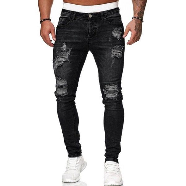 

men's pants denim trousers jeans casual sheath solid color ripped holes frayed gradient washed pantalones hombre, Black