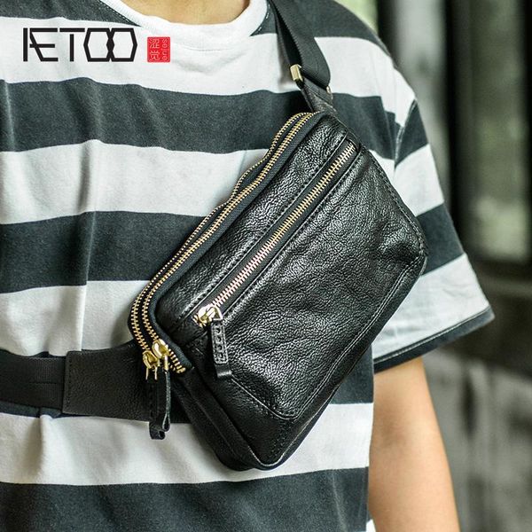 

HBP AETOO Leather Messenger Bag, Men's Trendy Shoulder Bag, Fashionable Top Layer Cowhide Chest Bag, Black