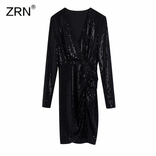 

casual dresses zrn women cross v neck sequined pleated slim dress female chic long sleeve party mini vestido, Black;gray