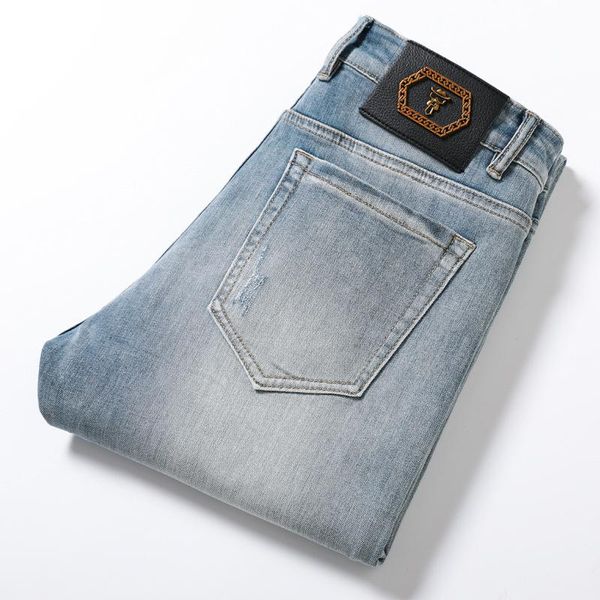 

men's jeans korean slim fit small foot stretch light blue spring drill printing casual thin pants