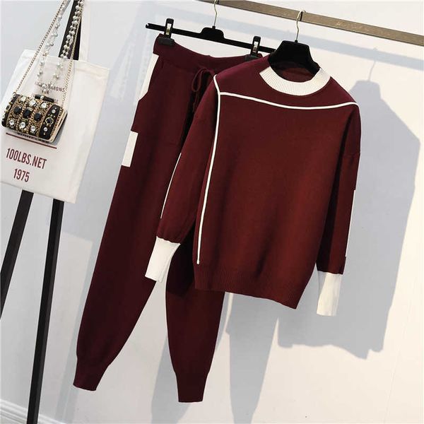 

women's two piece pants autumn 2 pieces set knitted pullovers sweater casual stripe knit jumper and suits fashionable long sl, White
