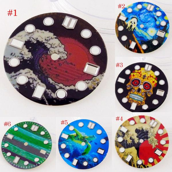 

repair tools & kits multicolor watch dial 28.5mm sterile for nh35a nh36a luminous marks part accessories surfing skeleton pattern
