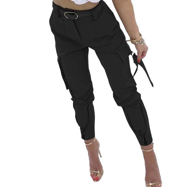 

women's pants & capris hirigin women cool cargo solid color/ plaid printed pattern and belt high waist tie feet trousers with pockets, Black;white
