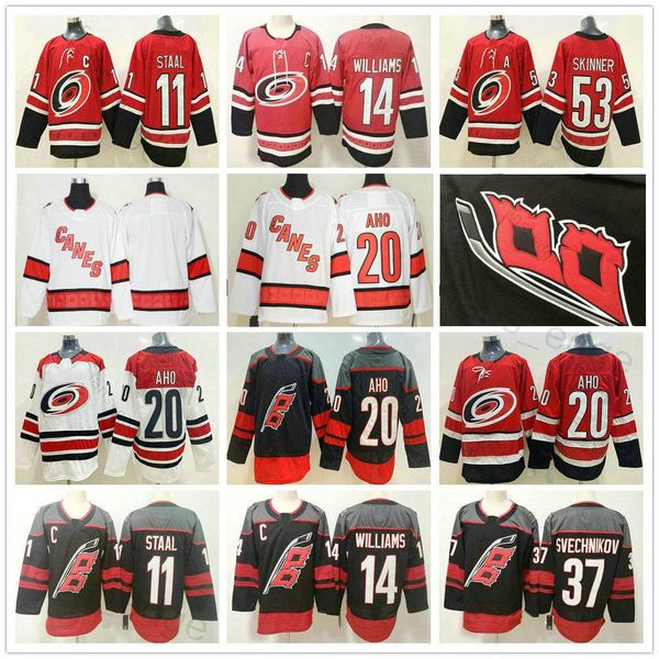 

carolina hurricanes #20 sebastian aho jersey 37 andrei svechnikov 53 jeff skinner 11 staal 14 justin williams men kids ice hockey jerseys, Black;red