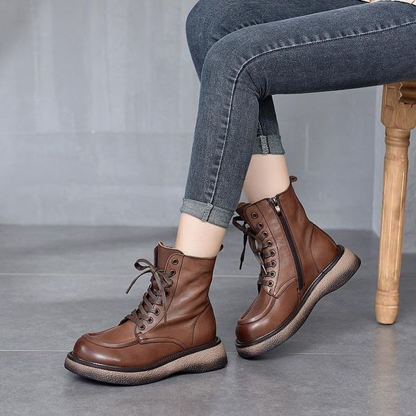 

boots casual women's 2021 autumn winter round toe short side zipper thick bottom first layer cowhide single women, Black