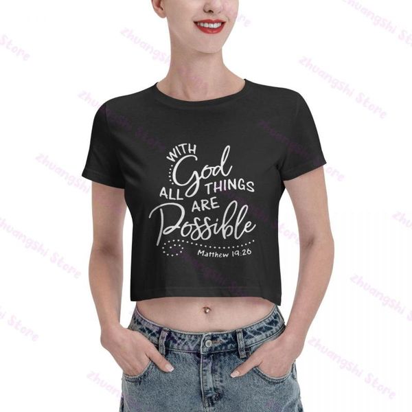 

women's t-shirt with god all things are possible short crop for women, White