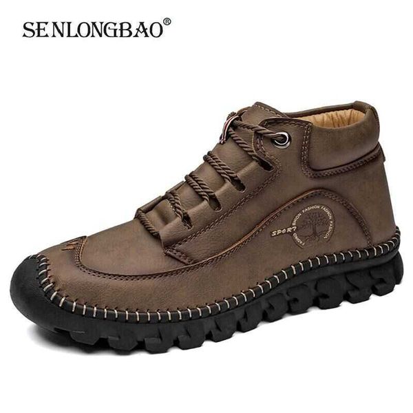 

brand autumn leather men boots winter lace-up flats medium-shoes outdoor ankle boots breathable handmade motorcycle boots 210619, Black
