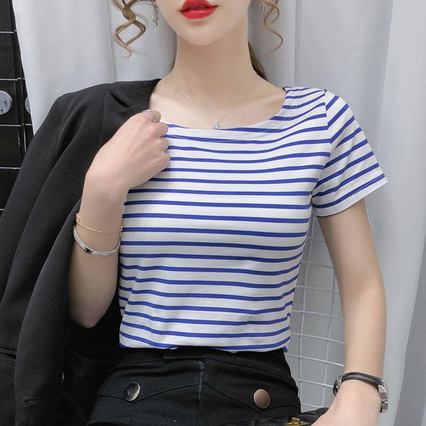 

women's cotton short sleeve striped shirt 2021 will see clothes high fashion elastic t lady o-neck plus size 5n19, White