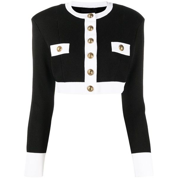 

2021 fall winter designer sweater women's color block lion buttons knit crop cardigan, White