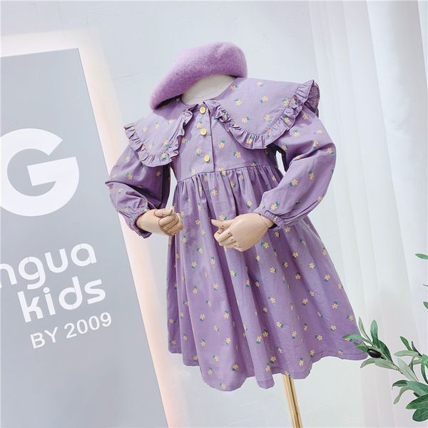 

spring autumn girls dress fashion children's print stitching ruffle lapel long sleeve princess party 2-6 years old 210515, Red;yellow