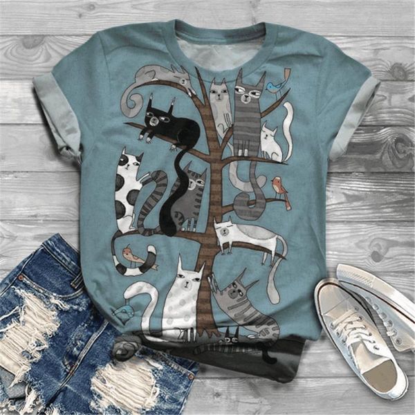

plus size lovely cat print short sleeve t-shirt women round neck y2k graphic tee clothing animal harajuku tshirt, White