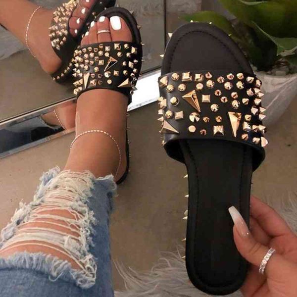 

75% off factory outlet sale summer women fashion rivet rhinestone shoes woman open toe flat slippers female outdoor casual beach slides ladi, Black