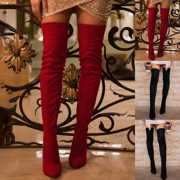 

boots 2021 fashion thigh high slim over the knee shoes women's winter heels wedges platform botas de mujer, Black