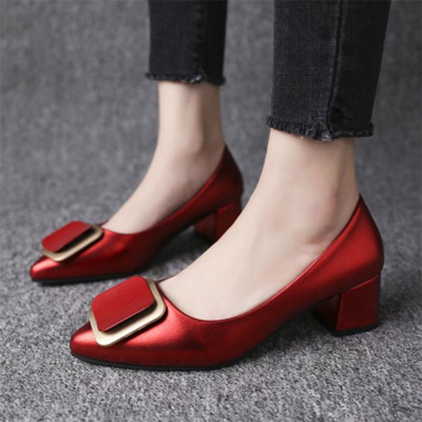 

dress shoes women's metal pumps woman elegant mid heels ladies cassic office solid female pointed toe footwear plus size, Black