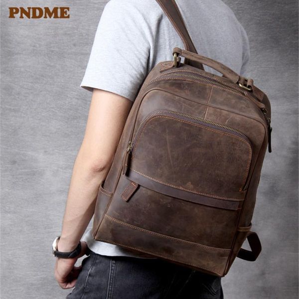 

backpack pndme men's vintage genuine leather casual simple travel bagpack outdoor bookbags