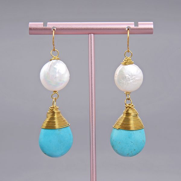 

guaiguai jewelry 12mm white coin pearl blue turquoise earrings for women real gems stone lady fashion jewellry, Silver