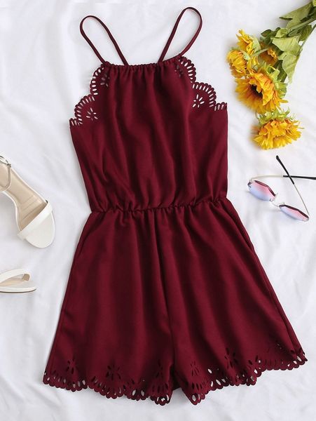 

scallop edge laser cut crisscross back cami romper j2qd#, White
