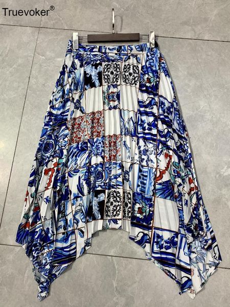 

truevoker spring new runway asymetrical skirt women high end midi long vocation skirt lady vintage porcelain print pleated, Black