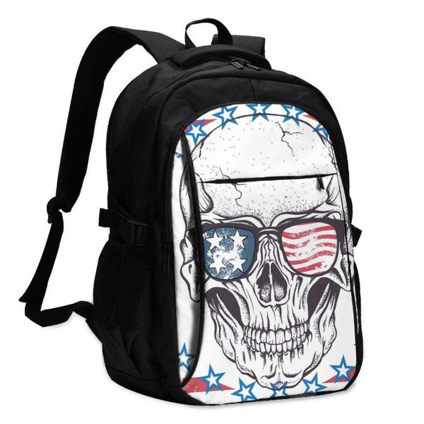 

backpack 2021 women skull with sunglasses on abstract usa flag back to school