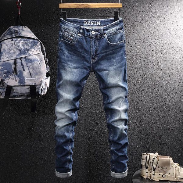 

men's jeans european vintage fashion men retro blue elastic slim fit designer italian style casual plain cotton denim pants