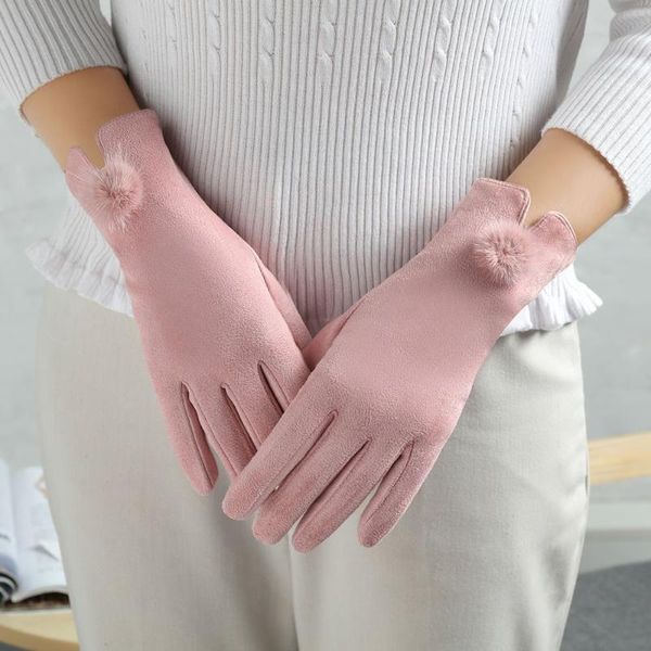 

five fingers gloves solid color plush ball decorative suede lovely bowknot design sports riding windproof, Blue;gray