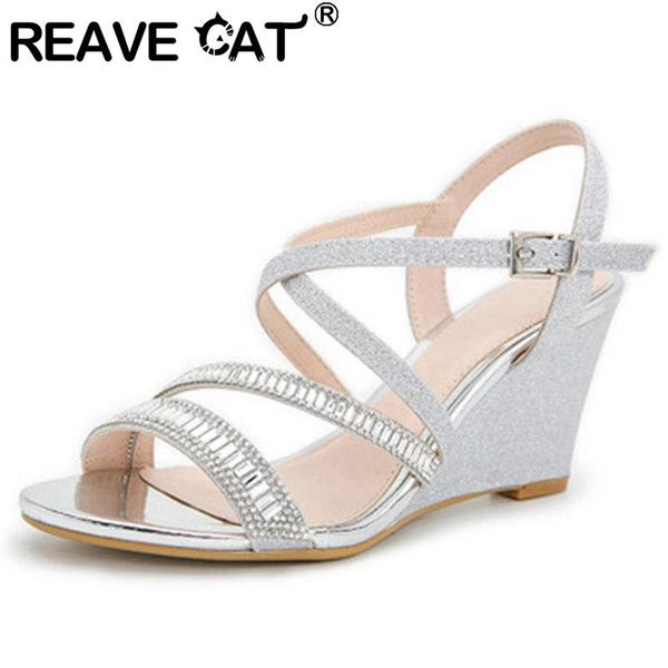 

reave cat new 2021 women sandals open toe wedges heels buckle bling stylish designer big size 36-41 casual date a3930, Black